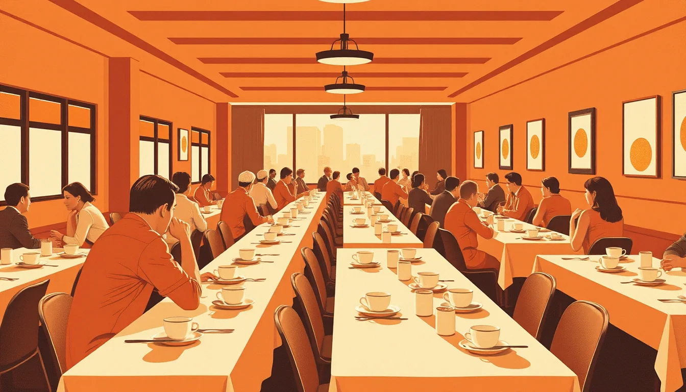 Ilustración de un salón de desayuno con mesas largas