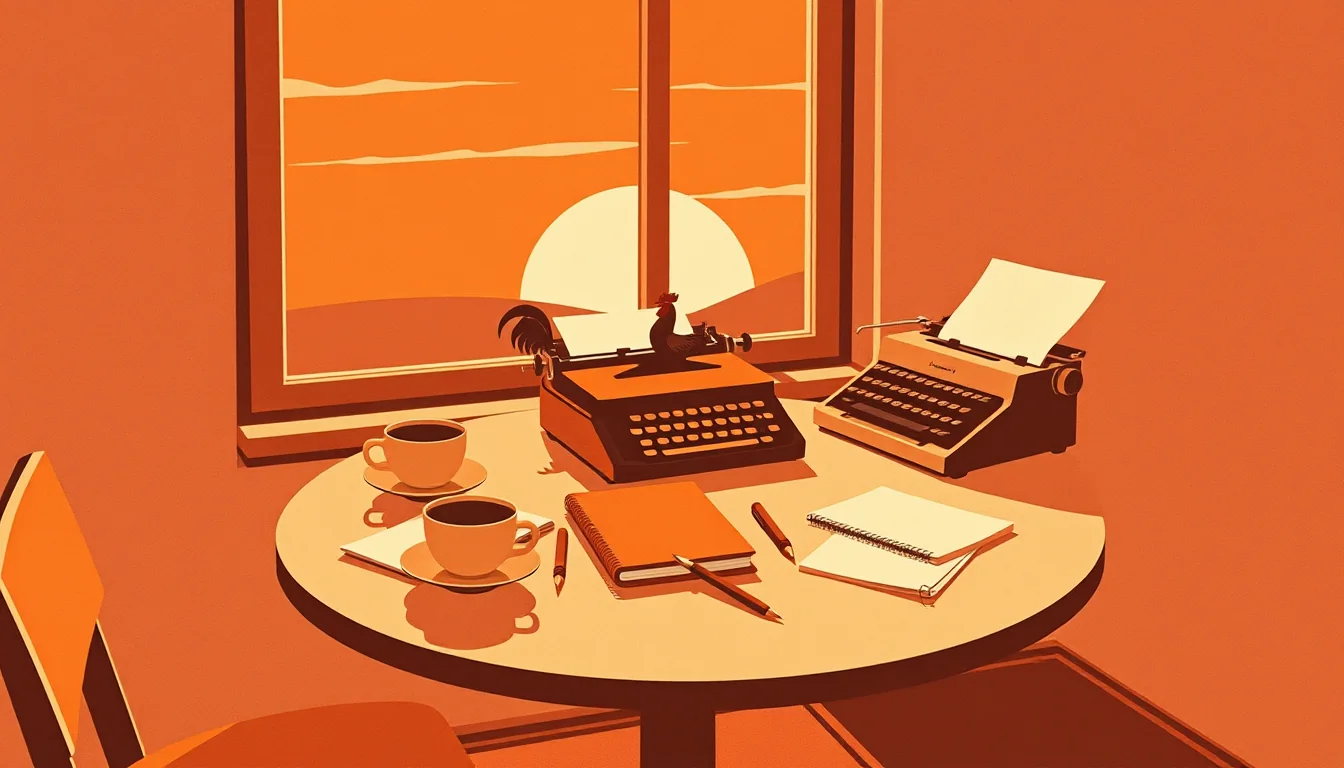 Ilustración de una mesa con tazas, una máquina de escribir y un gallo