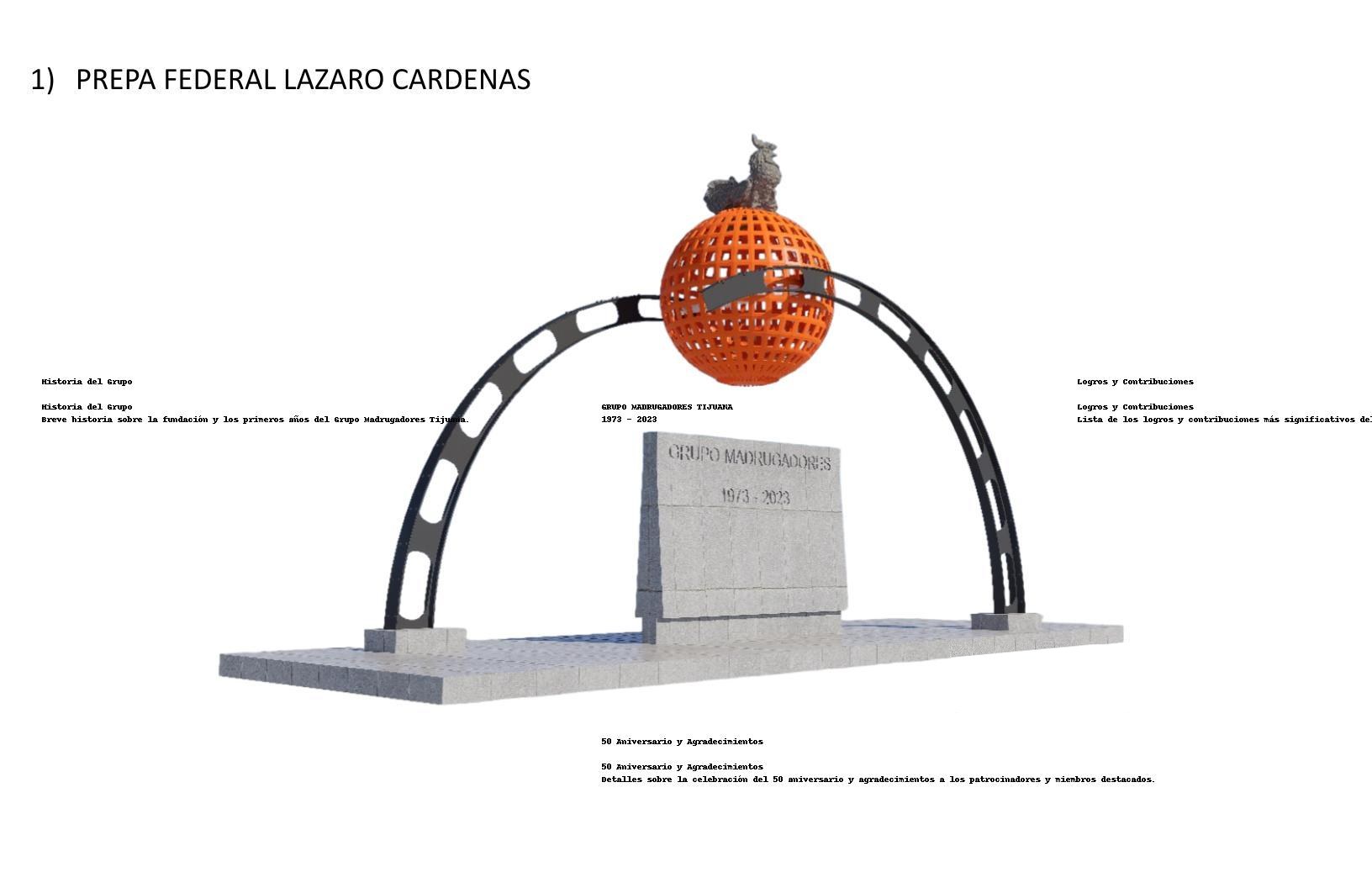 Render del monumento conmemorativo con esfera, arco y placa