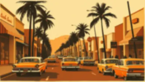 Ilustración de una calle con palmeras y autos, desenfocada como fondo